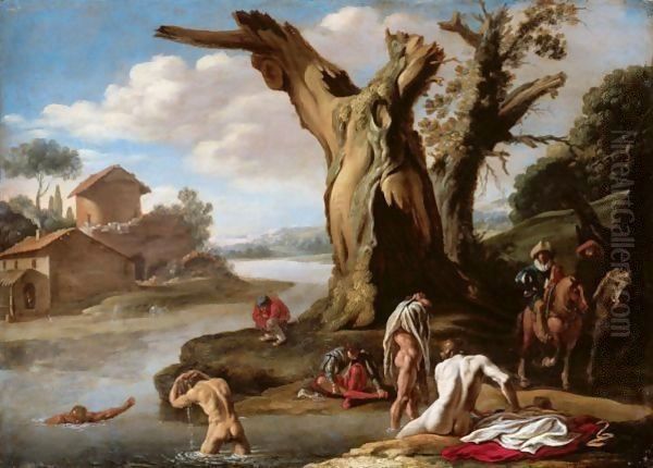 A River Landscape With Horsemen And Figures Bathing In The Foreground Oil Painting by Filippo (Il Napoletano) D'Angeli