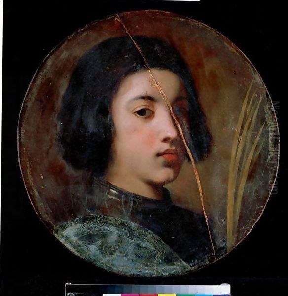 A Young Boy, Bust Length, Wearing Armour And Holding A Martyr's Palm, Possibly Saint George Oil Painting by Cesare Dandini