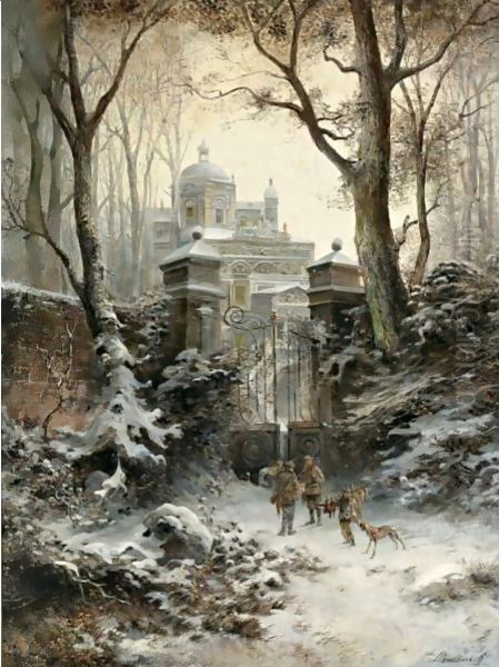 Hunters Returning To Their Palace In Winter Oil Painting by E. Lermontoff