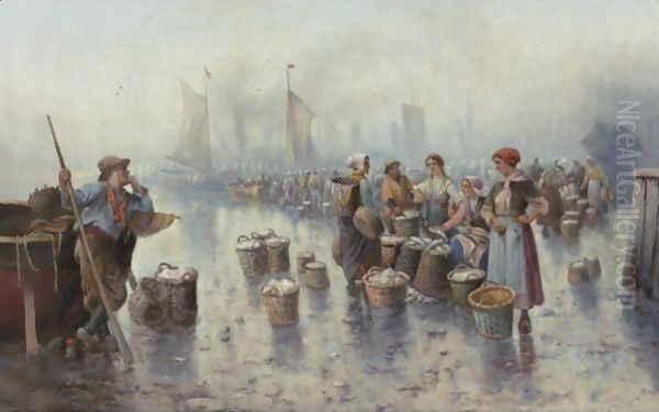 Fishermen In The Harbour Oil Painting by Adolf Baumgartner-Stoiloff