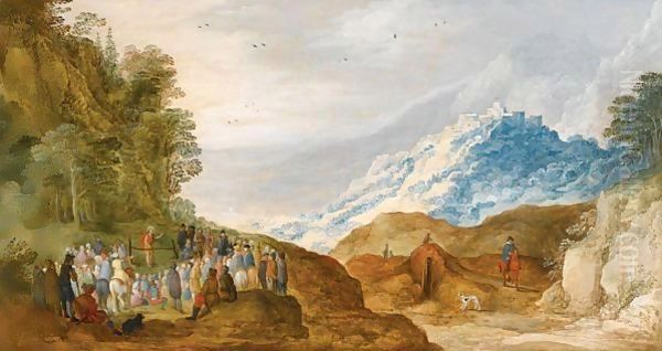 An Extensive Mountainous Landscape With Saint John The Baptist Preaching Oil Painting by Joos De Momper