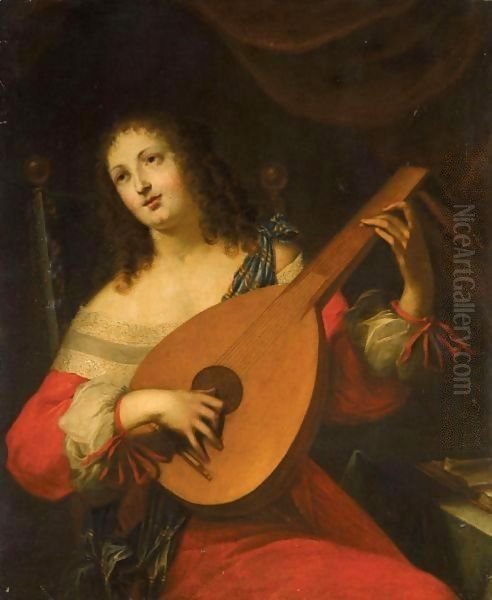 Portrait Of A Lady, Half Length, Playing A Lute Oil Painting by Hieronymus Janssens