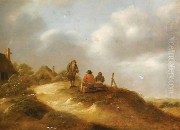 A Dune Landscape With Three Boors Conversing Before A Hamlet Oil Painting by Claes Molenaar (see Molenaer)