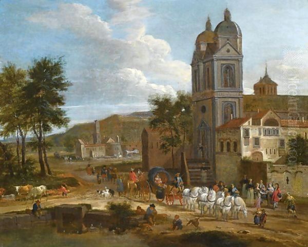 A Landscape With A Cart Drawn By Six White Horses Leaving A Town, A Fisherman And A Drover By A Pond Oil Painting by Pieter Bout