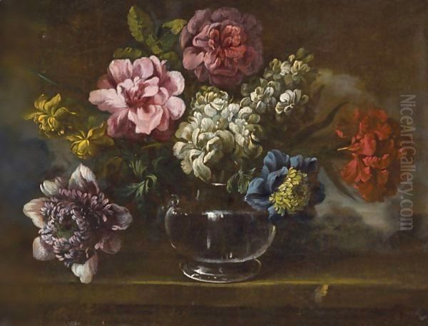 Still Life With Various Flowers In A Glass Vase On A Stone Ledge Oil Painting by Italian School