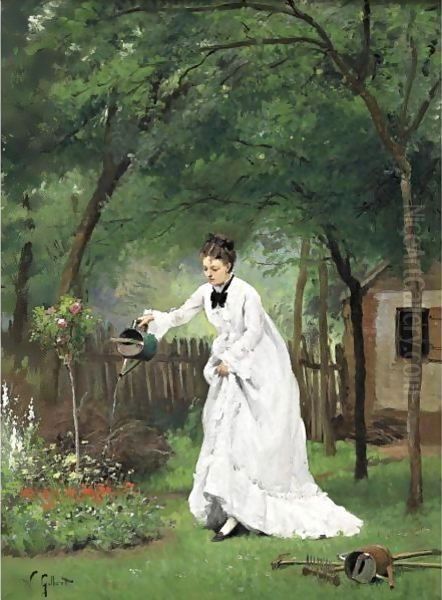 Madame Gilbert Watering Flowers Oil Painting by Victor-Gabriel Gilbert