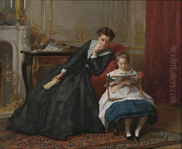 An Embroidery Lesson Oil Painting by Gustave Leonhard de Jonghe