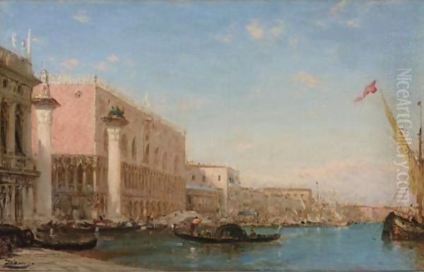 Gondalas At The Doges' Palace, Venice Oil Painting by Felix Ziem