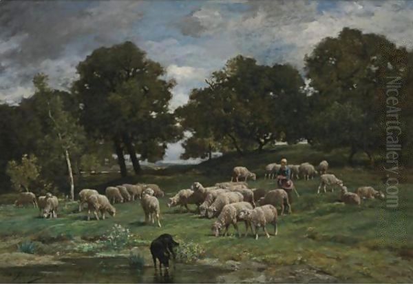 Shepherdess And Her Flock Oil Painting by Charles Emile Jacque