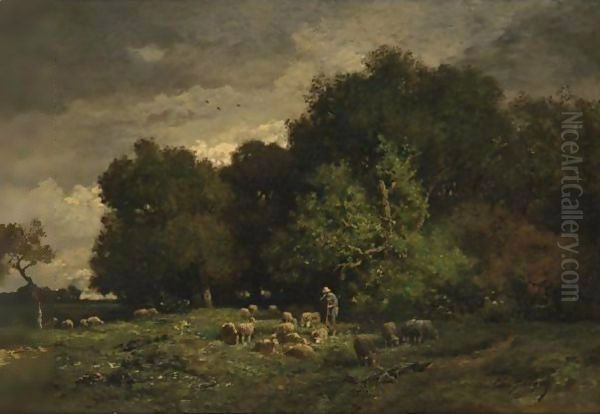 A Shepherd With His Flock Oil Painting by Charles Emile Jacque