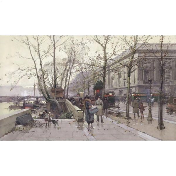 Le Quai Du Louvre, Paris Oil Painting by Eugene Galien-Laloue