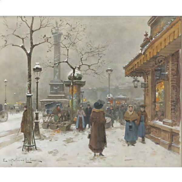 In The Snow, La Bastille Oil Painting by Eugene Galien-Laloue