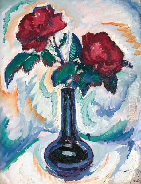 Red Roses In A Blue Vase Oil Painting by Samuel John Peploe