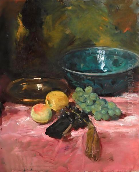 Still Life With Fruit And A Blue Bowl Oil Painting by George Leslie Hunter