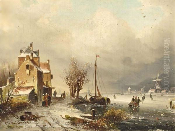 Figures On A Frozen Waterway, A Windmill In The Distance Oil Painting by Charles Henri Leickert