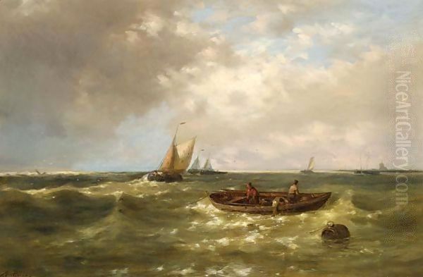 Fishermen Hauling In Their Nets On Choppy Seas Oil Painting by Abraham Hulk Jun.