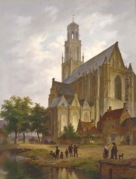 Figures Near A Church In A Dutch Town Oil Painting by Bartholomeus Johannes Van Hove