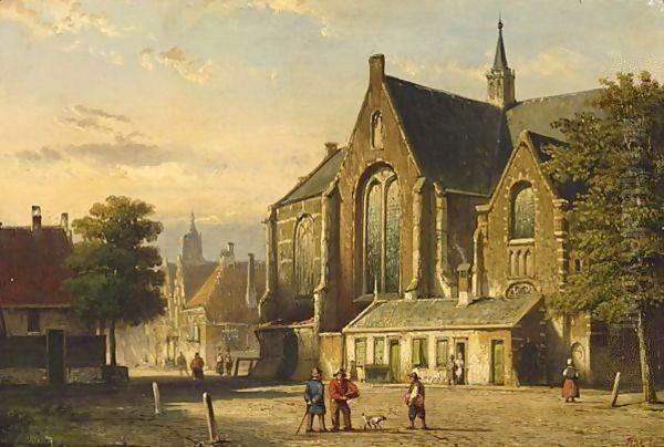 Figures On A Square In Front Of A Church Oil Painting by Willem Koekkoek