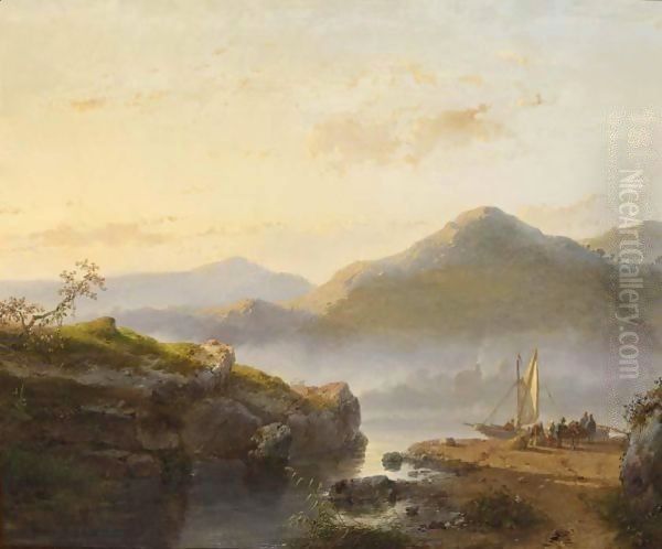 Figures Unloading A Sailing Vessel In A Mountainous Landscape Oil Painting by Andreas Schelfhout