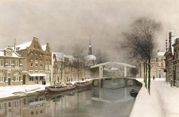 A Wintry View Of Leiden Oil Painting by Johannes Christiaan Karel Klinkenberg