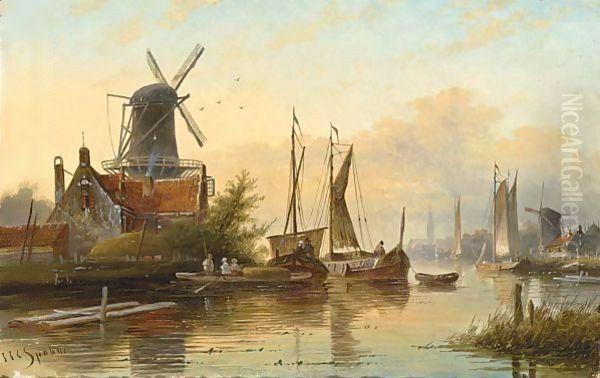 Shipping Near A Town Oil Painting by Jan Jacob Coenraad Spohler