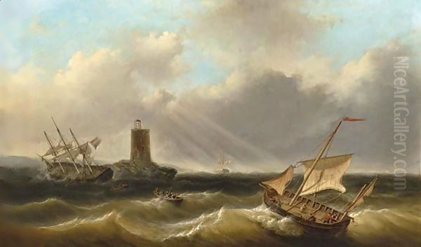 Shipping In A Rough Oil Painting by Christiaan Lodewijk Willem Dreibholtz