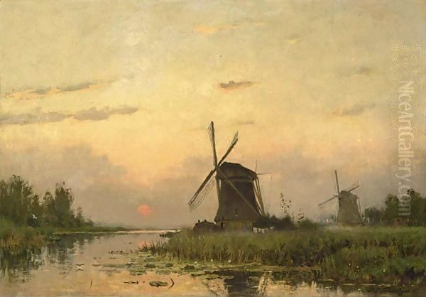 Windmills At Dawn In A Summer Landscape Oil Painting by Petrus Paulus Schiedges