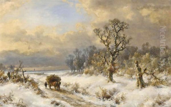 A Horse Drawn Cart In A Winter Landscape Oil Painting by Lodewijk Johannes Kleijn