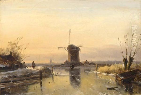 Figures In A Winter Landscape, A Windmill In The Distance Oil Painting by Jan Jacob Coenraad Spohler