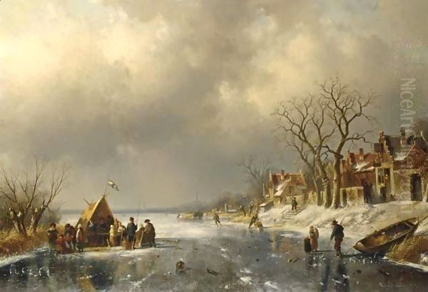 Skaters On A Frozen River With Figures Oil Painting by Charles Henri Leickert