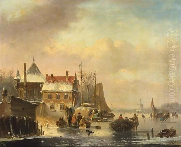 Many Skaters Near A Town On The Waterfront, A Windmill In The Distance Oil Painting by Jacobus Van Der Stok