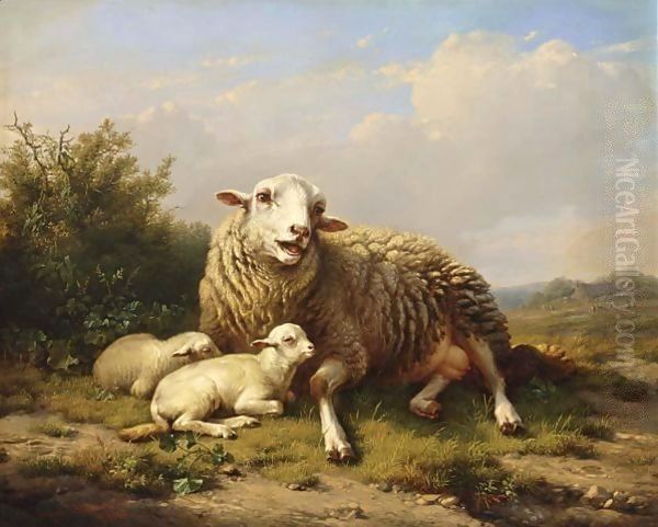 A Sheep And Two Lambs Resting In A Summer Landscape Oil Painting by Eugene Verboeckhoven