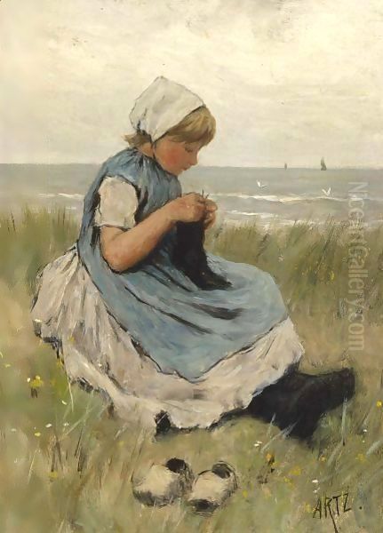 A Girl Knitting In The Dunes Oil Painting by David Adolf Constant Artz