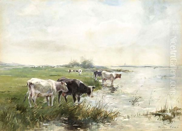 Watering Cows In A Polder Landscape 2 Oil Painting by Willem Maris