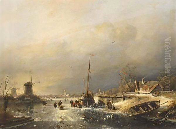 A Winter Landscape With Figures On The Ice Near A Barge, A Town Beyond Oil Painting by Charles Henri Leickert