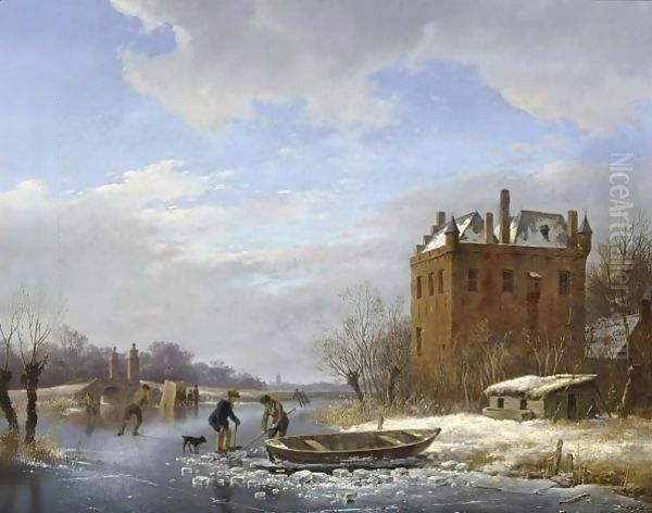 A Winter Landscape With Figures On The Ice Oil Painting by Andreas Schelfhout