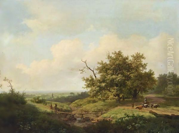 An Extensive Summer Landscape With Travellers On A Path Oil Painting by Marianus Adrianus Koekkoek