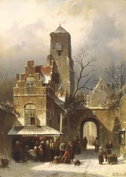 A Market Scene In A Wintry Dutch Town Oil Painting by Charles Henri Leickert