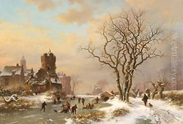 A Winter Landcape With Ice Amusements Near A City Oil Painting by Frederik Marianus Kruseman