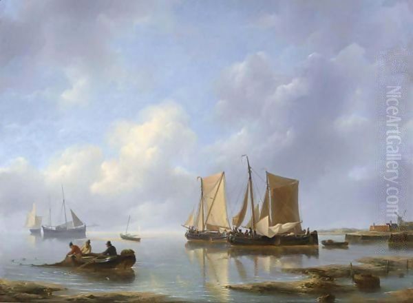 Shipping In An Estuary Oil Painting by Petrus Jan Schotel