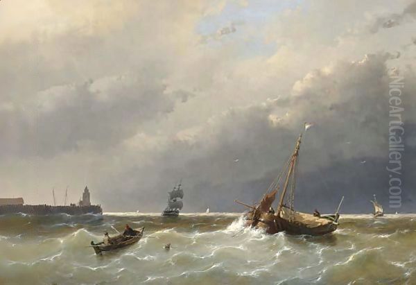 Shipping Off The Coast, Scheveningen Oil Painting by Andreas Schelfhout