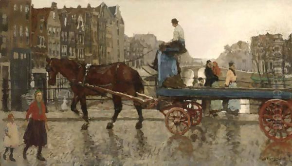 A Horse-Drawn Cart Crossing The Eenhoornsluis On The Korte Prinsengracht, Amsterdam Oil Painting by George Hendrik Breitner