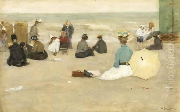 An Elegant Company On The Beach Oil Painting by Floris Arntzenius