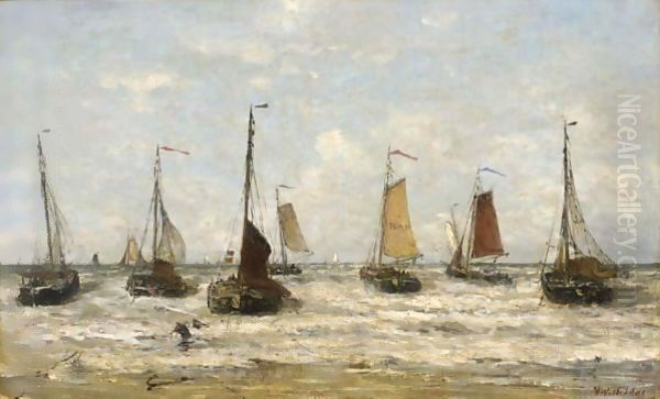 Bomschuiten In The Breakers Oil Painting by Hendrik Willem Mesdag