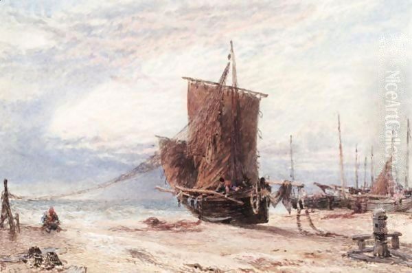 A Beach Scene Oil Painting by Myles Birket Foster