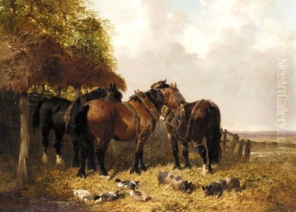 A Farmyard Scene With Horses Oil Painting by John Frederick Herring Snr