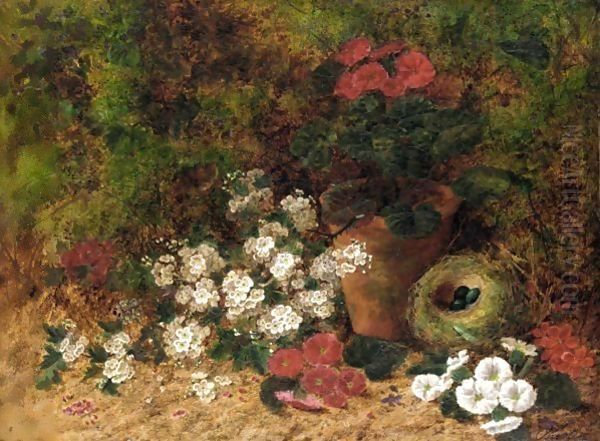 Still Life With Flowers And A Bird Nest Oil Painting by Oliver Clare