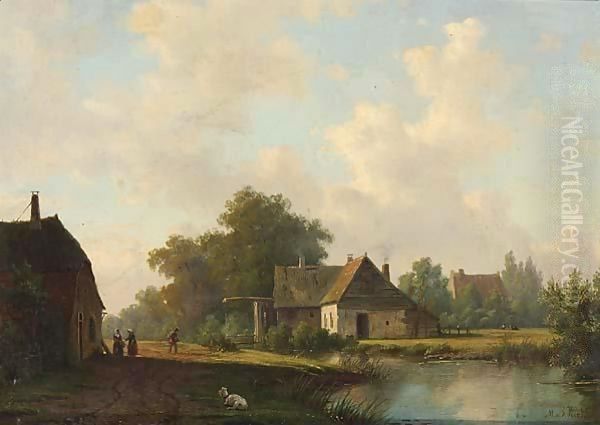 Landscape With Farm And Peasants On A Country Lane Oil Painting by Maurits Ernest Hugo Rudolph Van Den Kerckhoff