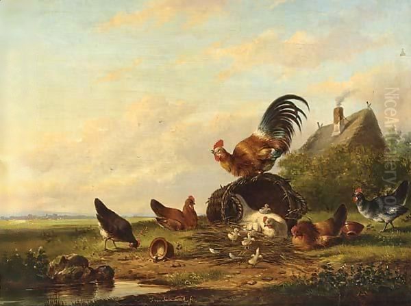 Chickens And A Cockerel In A Landscape Oil Painting by Franz van Severdonck