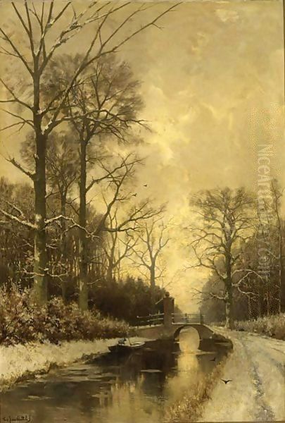 A Rowing Boat On A Canal In Winter Oil Painting by Fredericus Jacobus Van Rossum Chattel